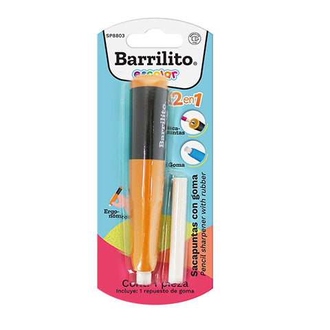 Sacapuntas Escolar tipo Boligrafo 2 en 1 con deposiyo y goma,contiene repuesto de goma colores Naranja y Azul
