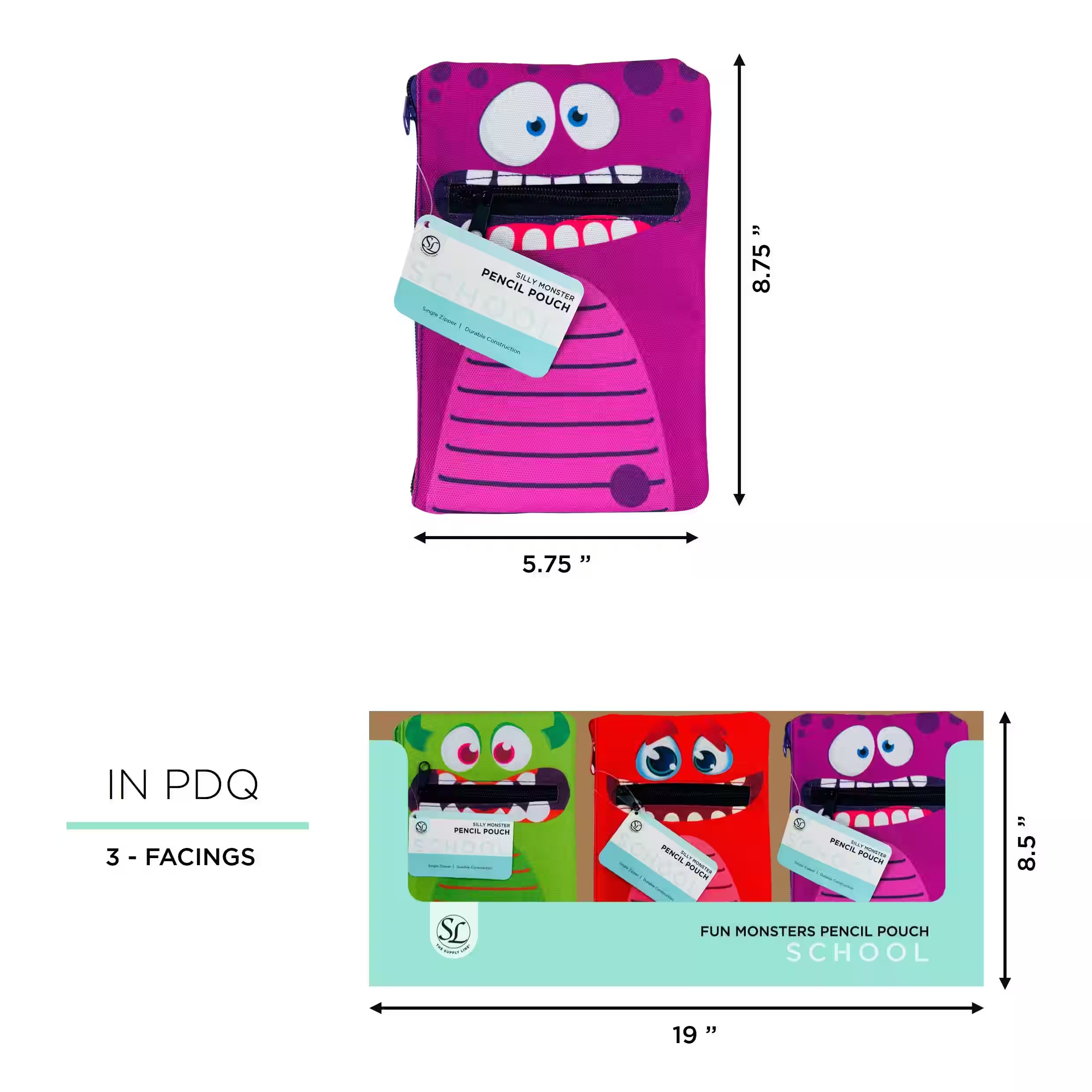 SL FUN MONSTERS ZIPPER PENCIL POUCH IN PDQ