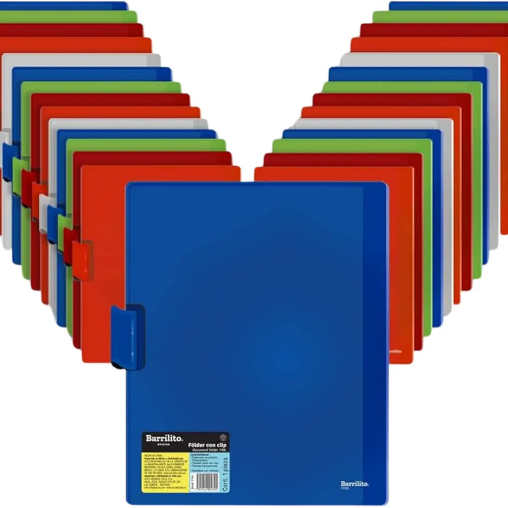 Folder Plastico con Clip carta,pk/12pz. colores surtidos,precio por pk/12pz.