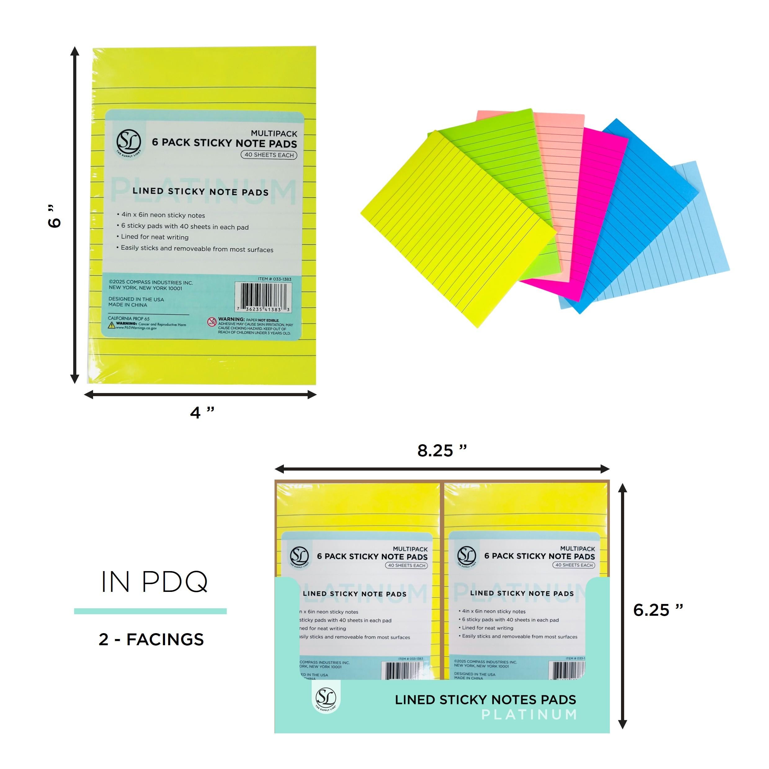 6Pk Lined Sticky Note Pads- 4X6"- 40 Sheets Ea