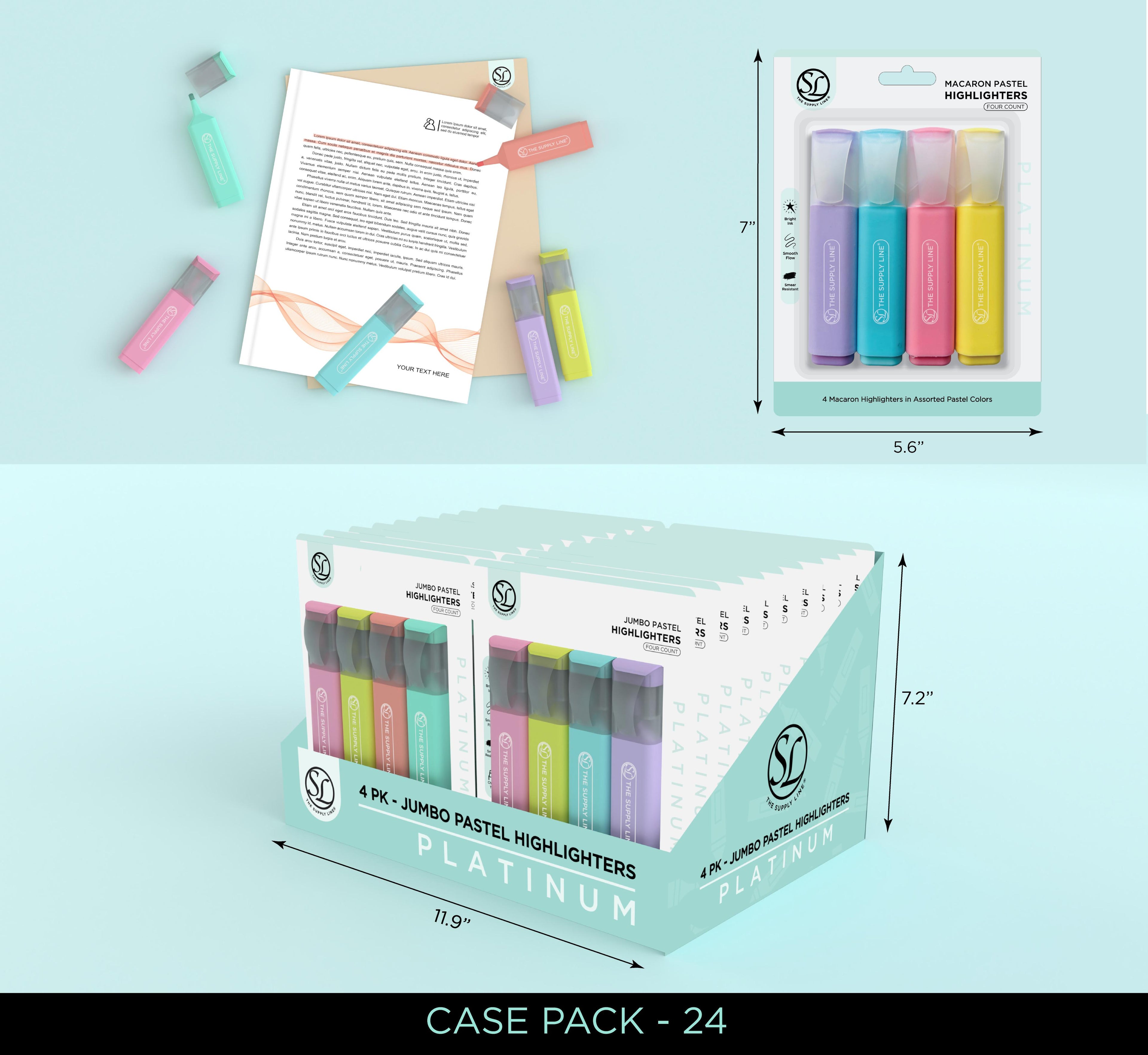 4Pk Flat Highlighters Pastel Colors In