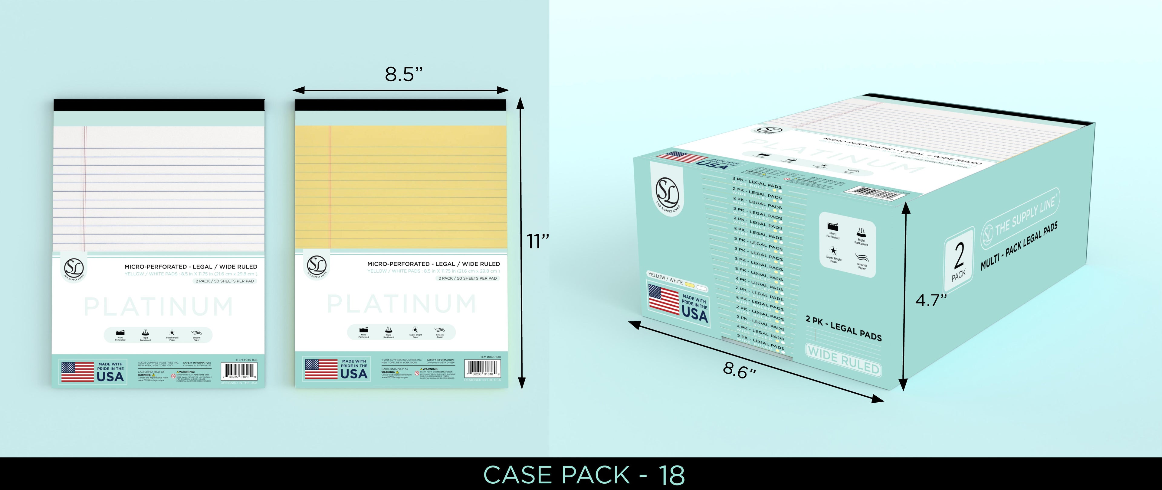 2Pk Legal Pad In 8.5" X 11.75" Yw/White