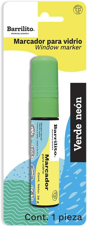 Marcador de vidrio de 28g. color verde en blister pack,caja de 12pz.