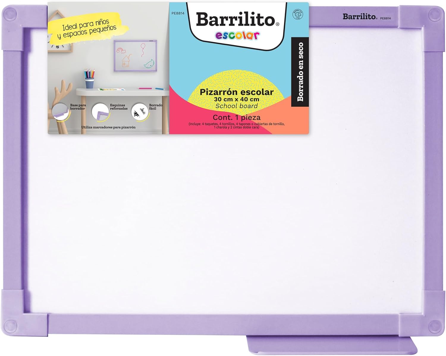 Pizarron Escolar Borrado en Seco 30x40cm (12x16") Marco Plastico color Lila