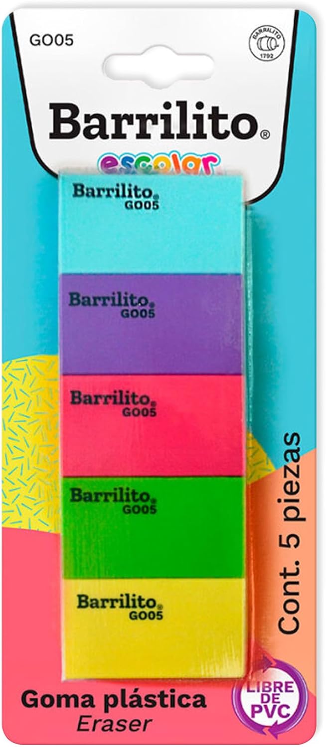 Goma plastica blister Pk/5 colores surtidos