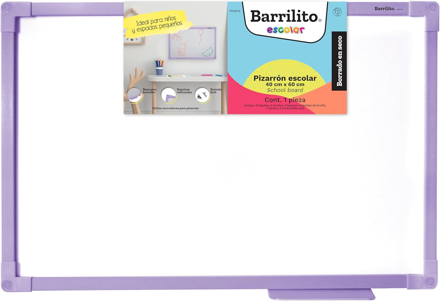 Pizarron Escolar Borrado en Seco 40x60cm (16x24") Marco Plastico Color Lila