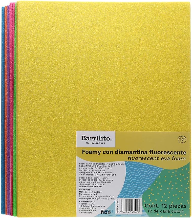 Foamy Carta con Diamantina Fluorescente Mixto 6 colores,pk/10hojas/ctn/12pk