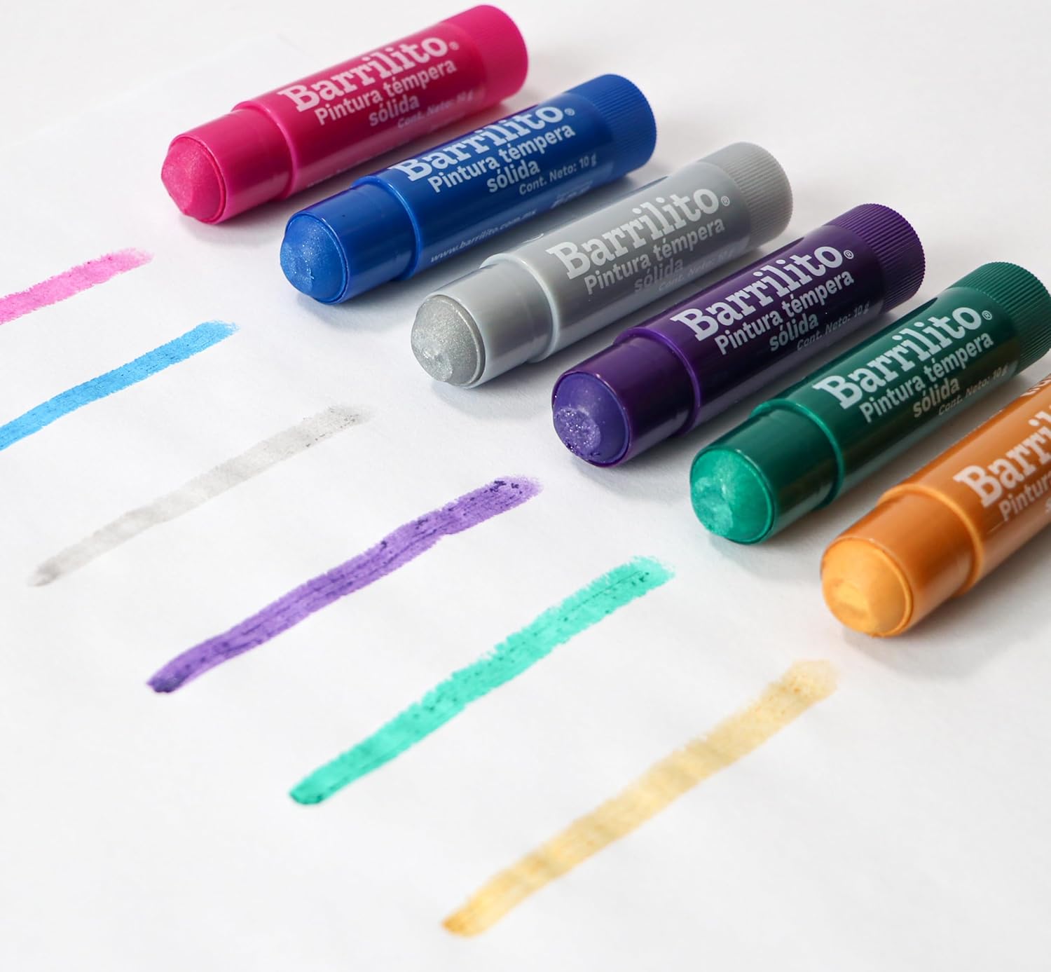 Pintura Tempera Solida o.35oz. colores Metalicos Rosa,Dorado,Plata,Verde,Morado y Azul pk/6pz. B/P