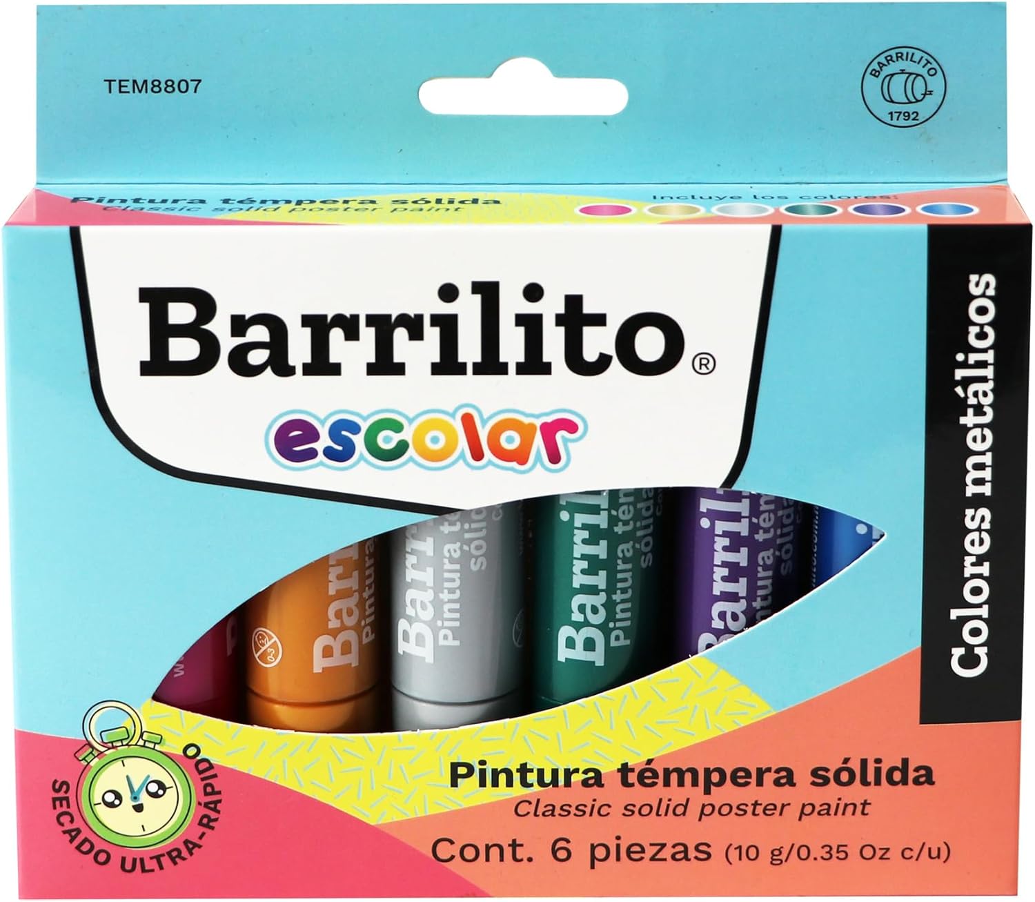 Pintura Tempera Solida o.35oz. colores Metalicos Rosa,Dorado,Plata,Verde,Morado y Azul pk/6pz. B/P