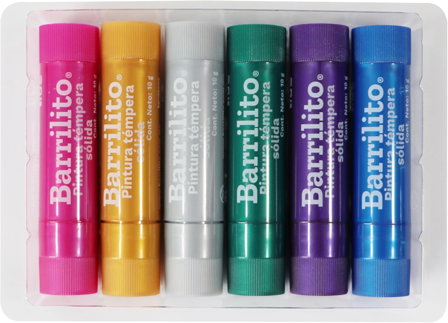 Pintura Tempera Solida o.35oz. colores Metalicos Rosa,Dorado,Plata,Verde,Morado y Azul pk/6pz. B/P