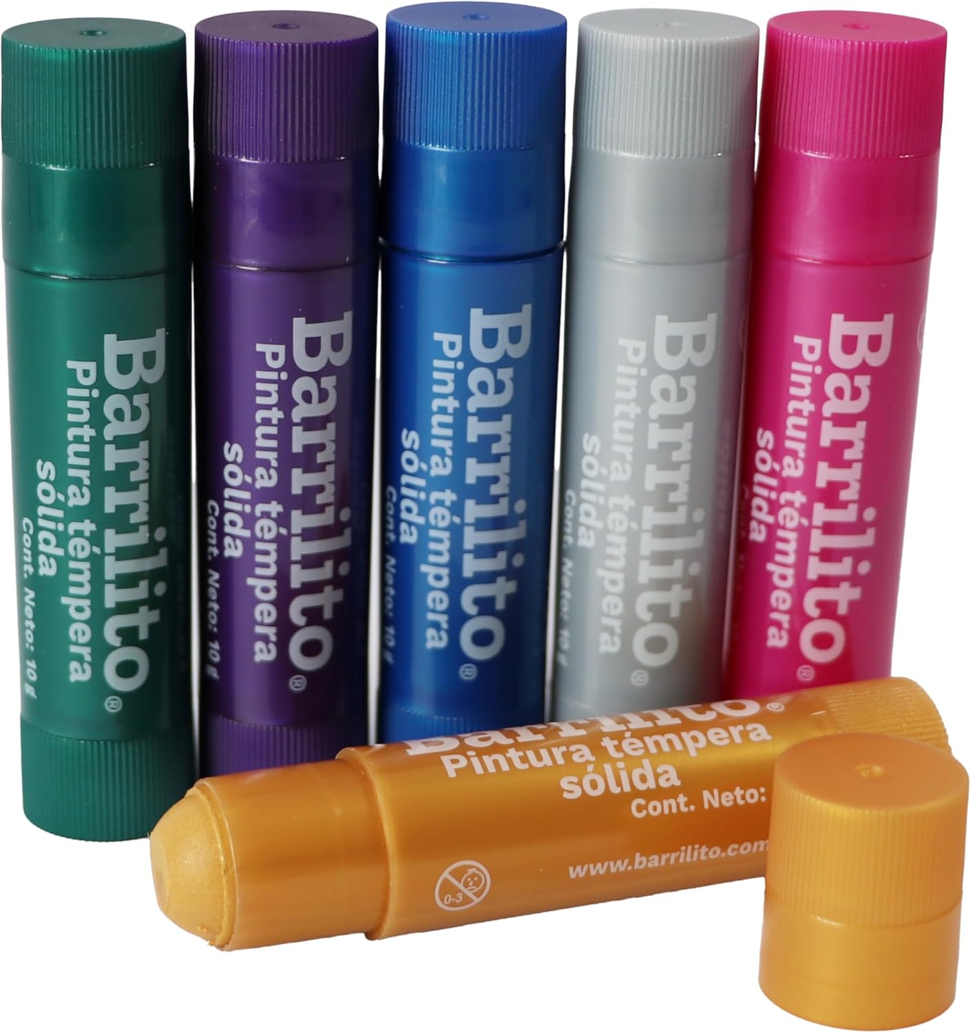 Pintura Tempera Solida o.35oz. colores Metalicos Rosa,Dorado,Plata,Verde,Morado y Azul pk/6pz. B/P