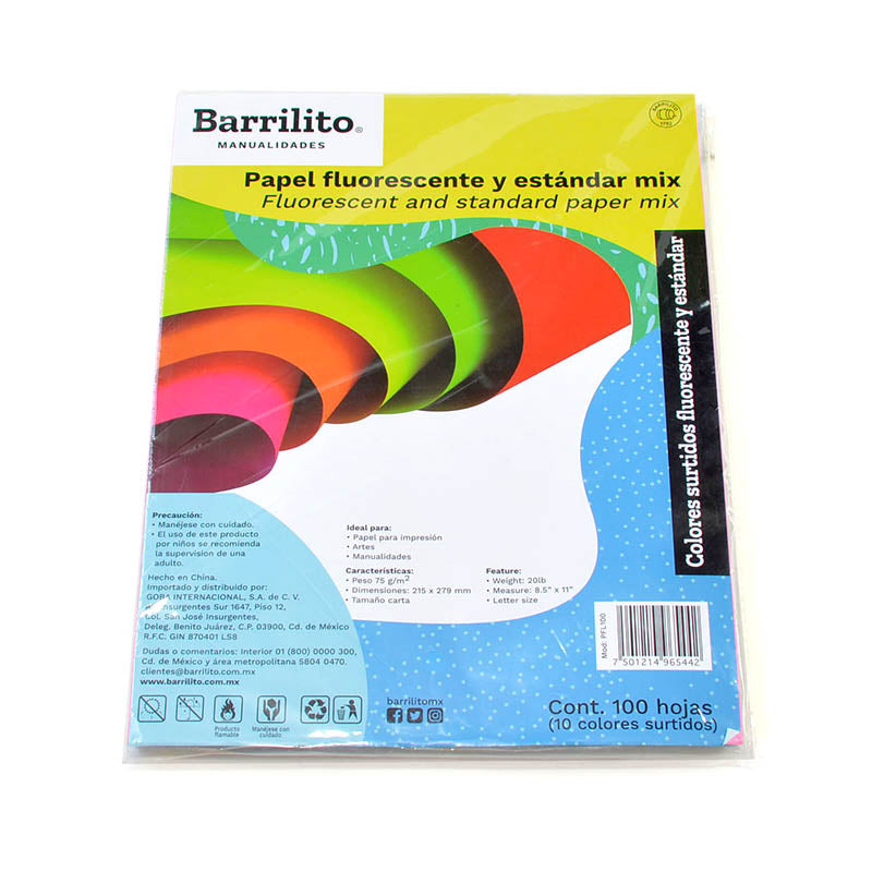 Papel Fluorescente y Pastel Mix para impresion. Pk/100hojas colores surtidos, ctn/30pk
