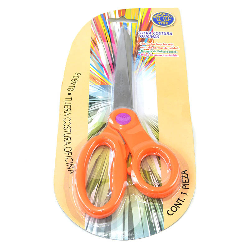 Tijera acero inoxidable costura/oficina de 8" colores surtidos blister pack