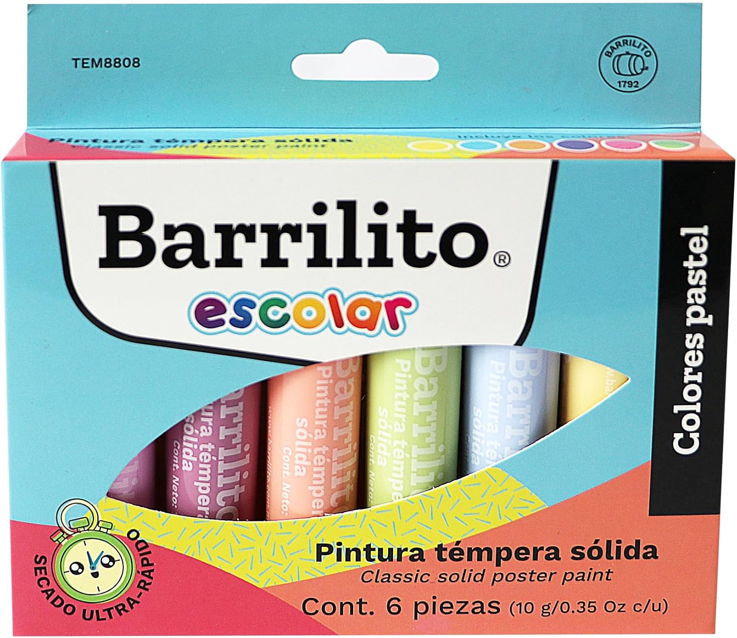 Pintura Tempera Solida  0.35oz.Colores Paste Amarillo,Azul,Coral,Lila,Rosa y Verde pk/6pz.B/P