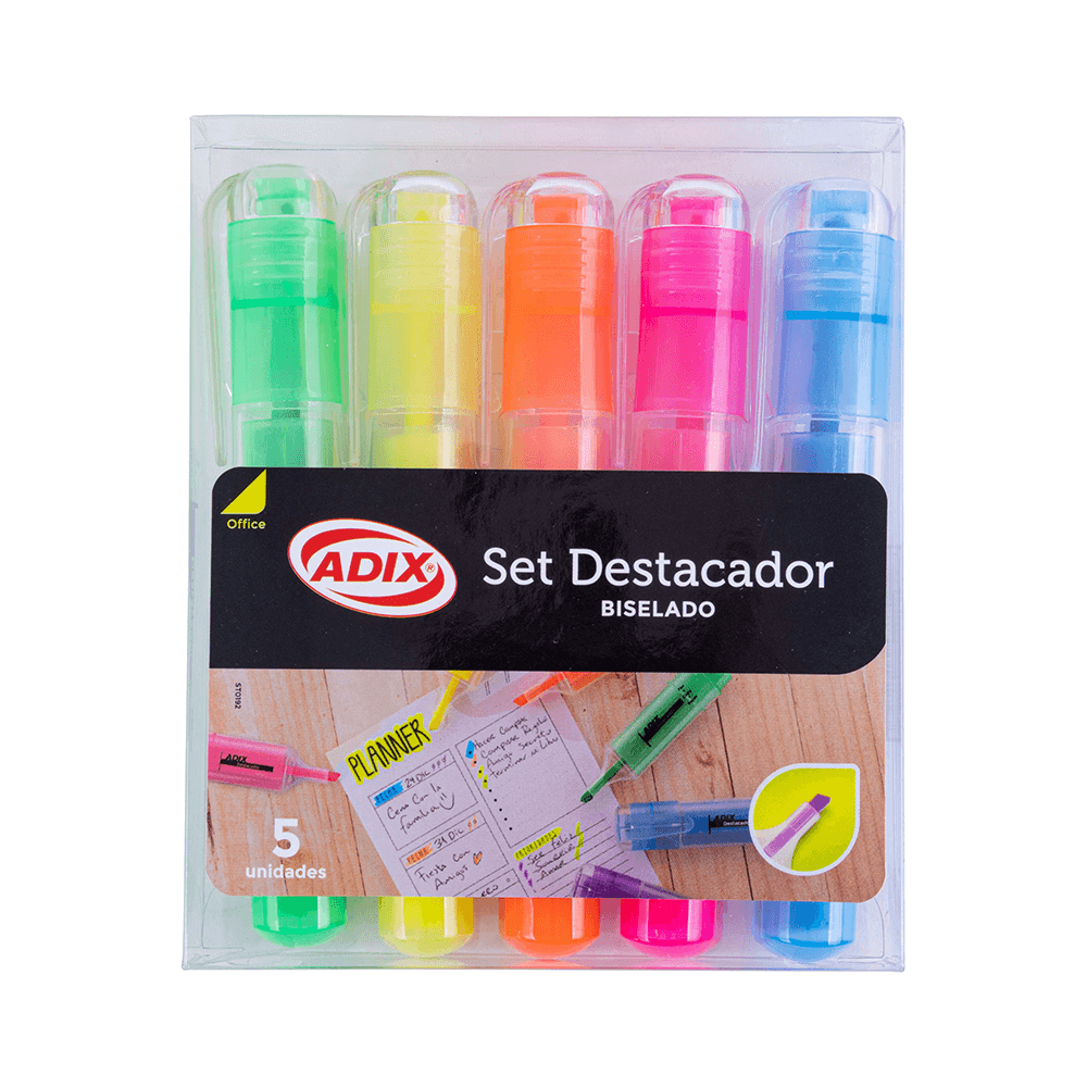 Set de Destacadores Biselado colores surtidos Pk5unidades ADIX