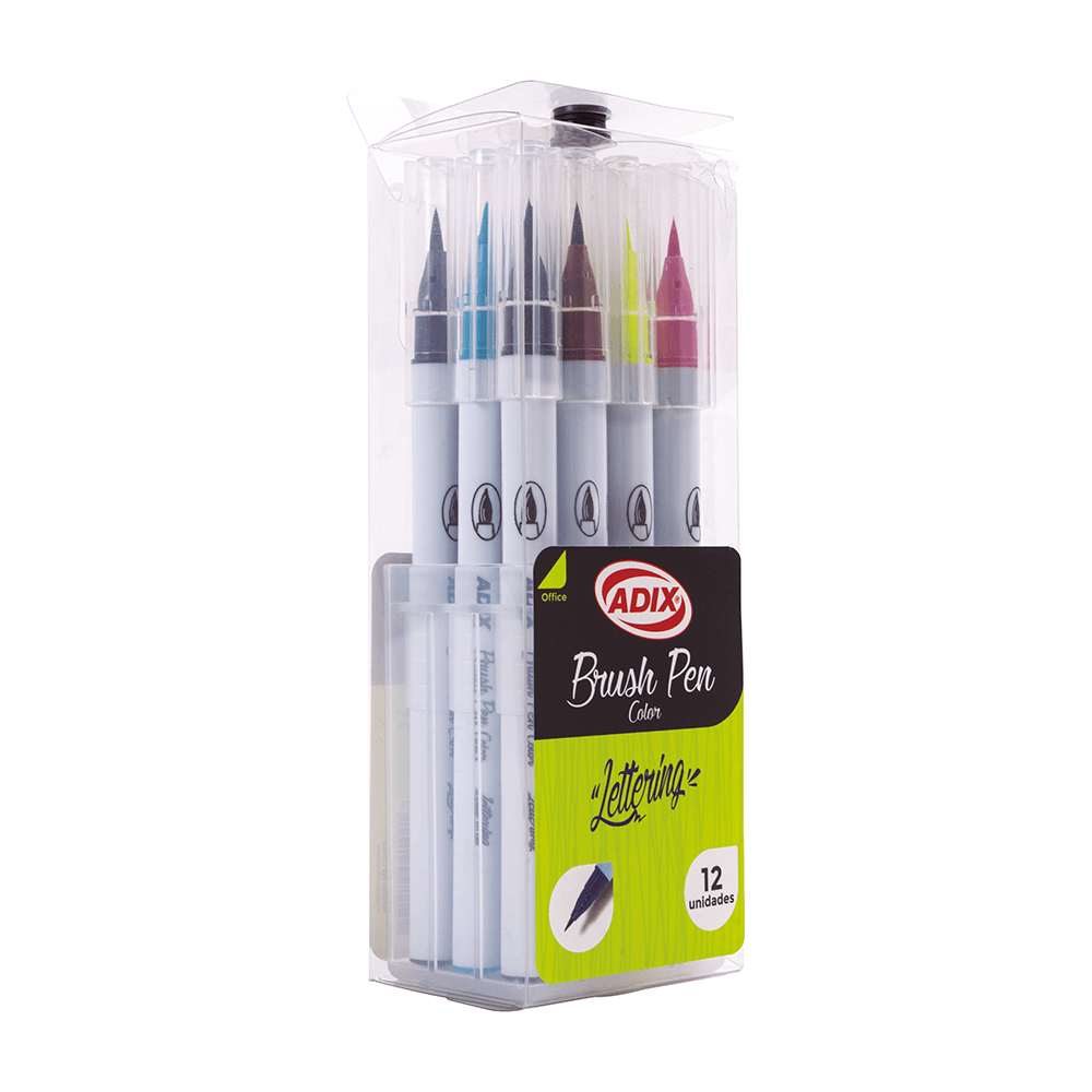 Brush Pen  (Lettering) punta pincel con broche caja de 12 colores ADIX