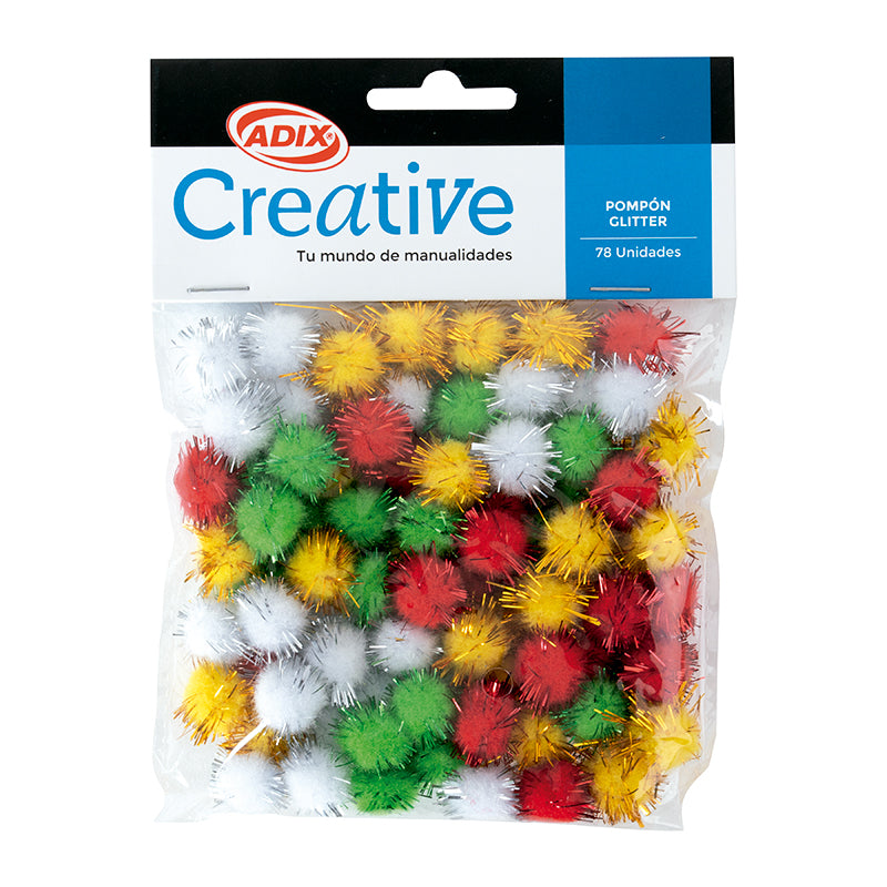 Pompom con Glitter pk/78unidades 1.4cm (0.55") colores surtidos