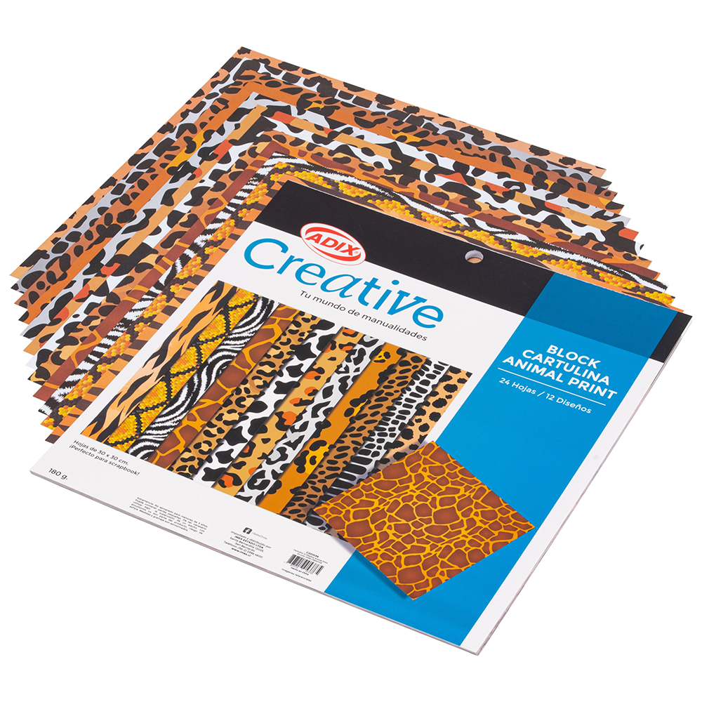 Cartulina 12 Diseños Animal Print 24u. 180g. CREATIVE