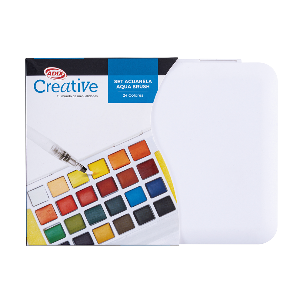 Set Acuarela+ Aqua Brush contiene 1pz. con 24 colores + 1 pincel aqua brush recargable y 2 esponjas. CREATIVE