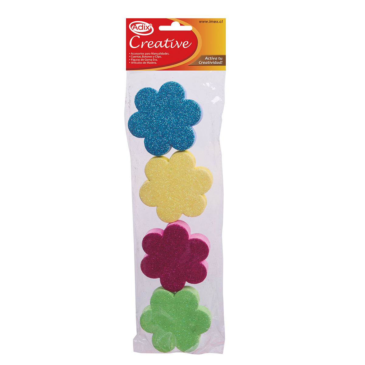 Flores de Goma Eva con glitter pk/4pz. 7cm x 7cm (2.76" x  2.76") CREATIVE