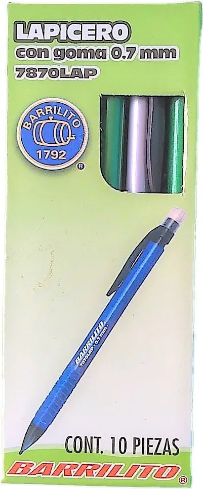 Lapiz Mecanico con goma 0.7mm.,plastico,caja/10pz.,ctn/80cajas