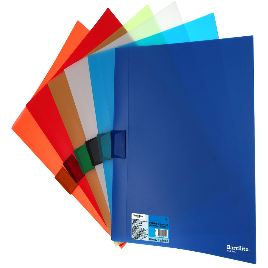 Folder plastico con clip carta colores surtidos,pk/12pz.,ctn/8pk