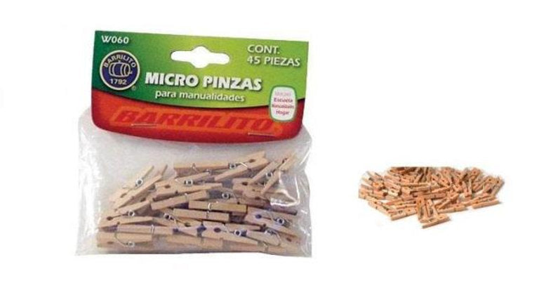 Micro Pinzas de madera color natural pk/45pz.,caja/24pk.