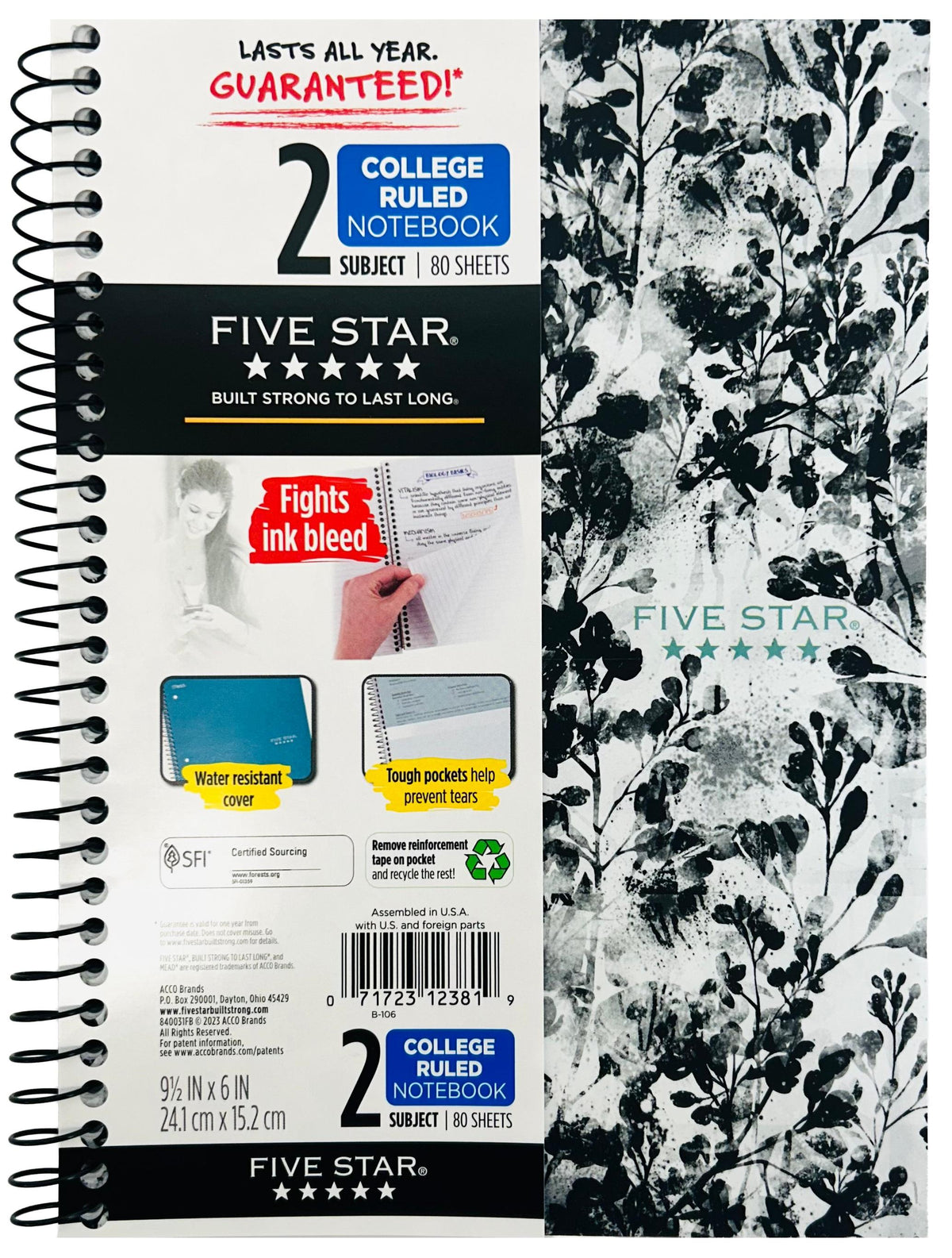 MEAD FIVE STAR 2 SUB NOTEBOOK FLORAL 6 X 9.5 COLLEGE RULED - 80 SHEET - 840031FB-TGT/11298