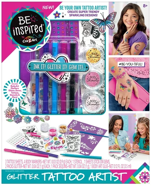 BE INSPIRED TATTOO ARTIST 53469-4 - 3 TATTOO SHEETS, 4 BODY MARKERS, 1 STENCIL, 1 SHEET STICK ON GEMS, 2PKS OF GLITTER, 1 PK SEQUINS, 1 BODY ART GLUE