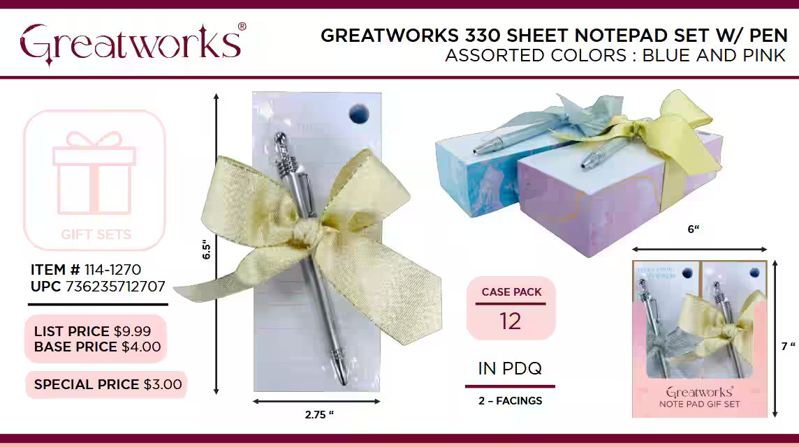 GW 330 SHEET NOTEPAD W/ PEN GIFT SET- ASST IN PD
